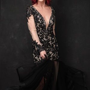 Black &Nude Mermaid Gown with Long Sleeves